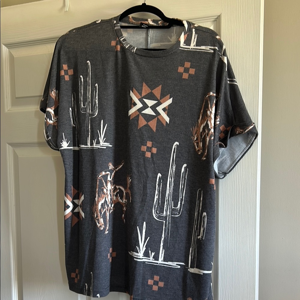 Graphic Cactus Print Women's Blouse - Black and Brown